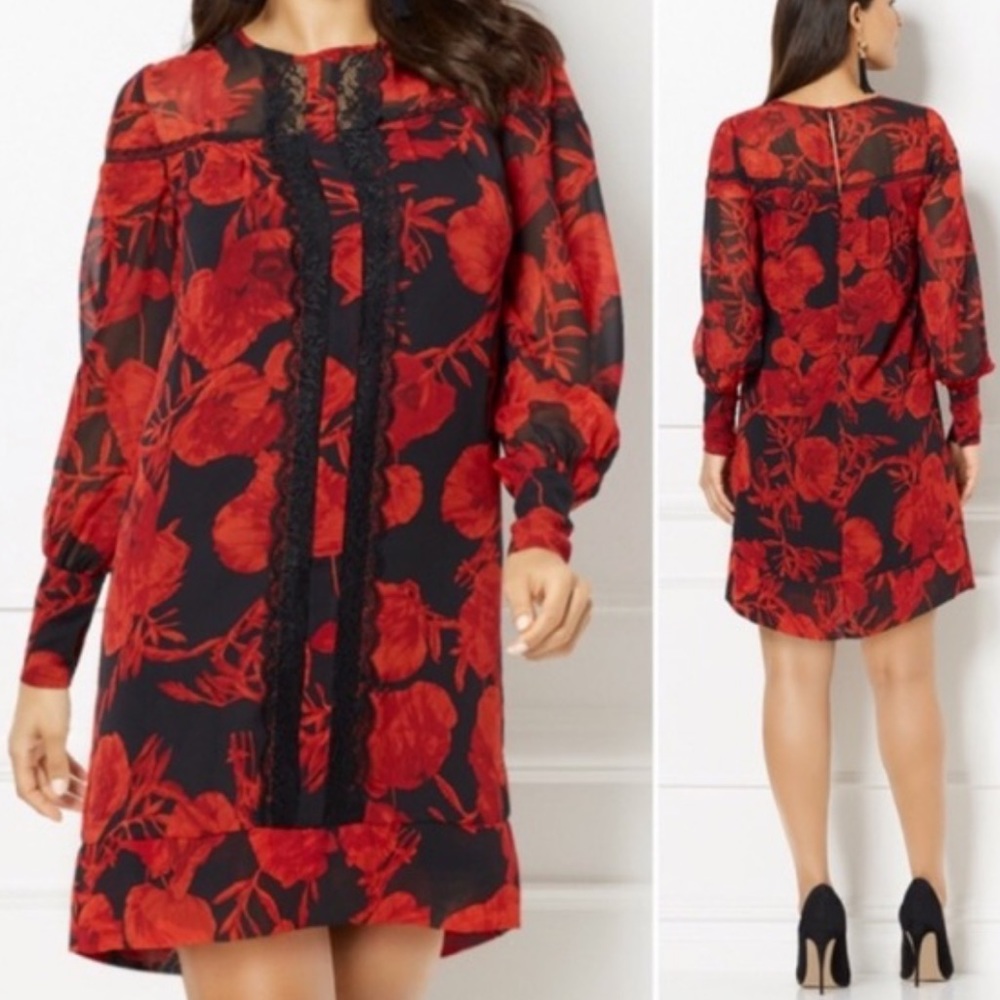 Floral and lace party shift dress with cuffed sleeves keyhole button on back